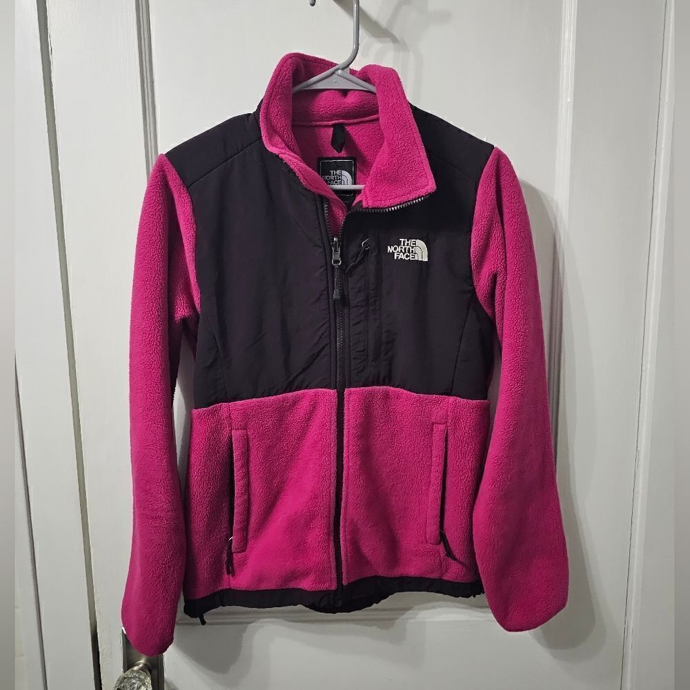 The North face pink and dark plum fleece zip up jacket size xs